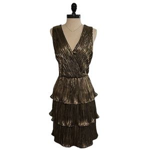 She + Sky Multi Tiered Black And Gold Metallic Dress